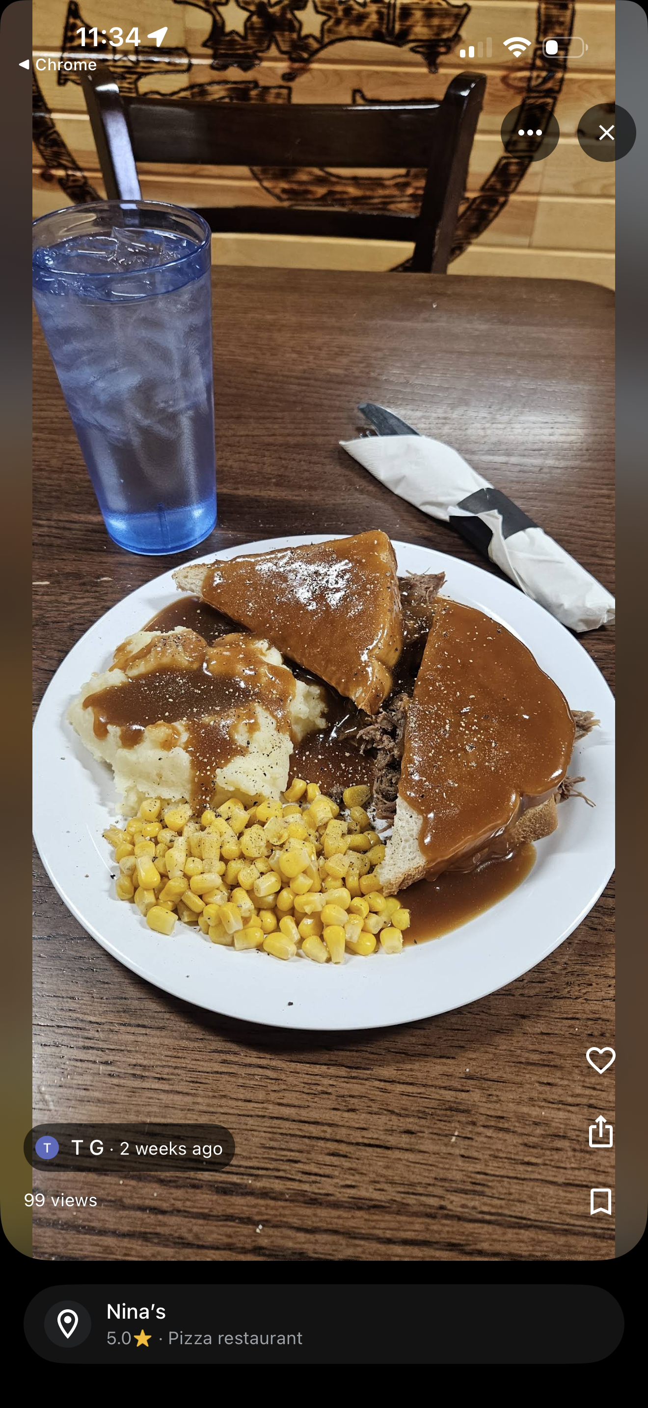 Hot beef sandwich with mashed potatoes and corn
