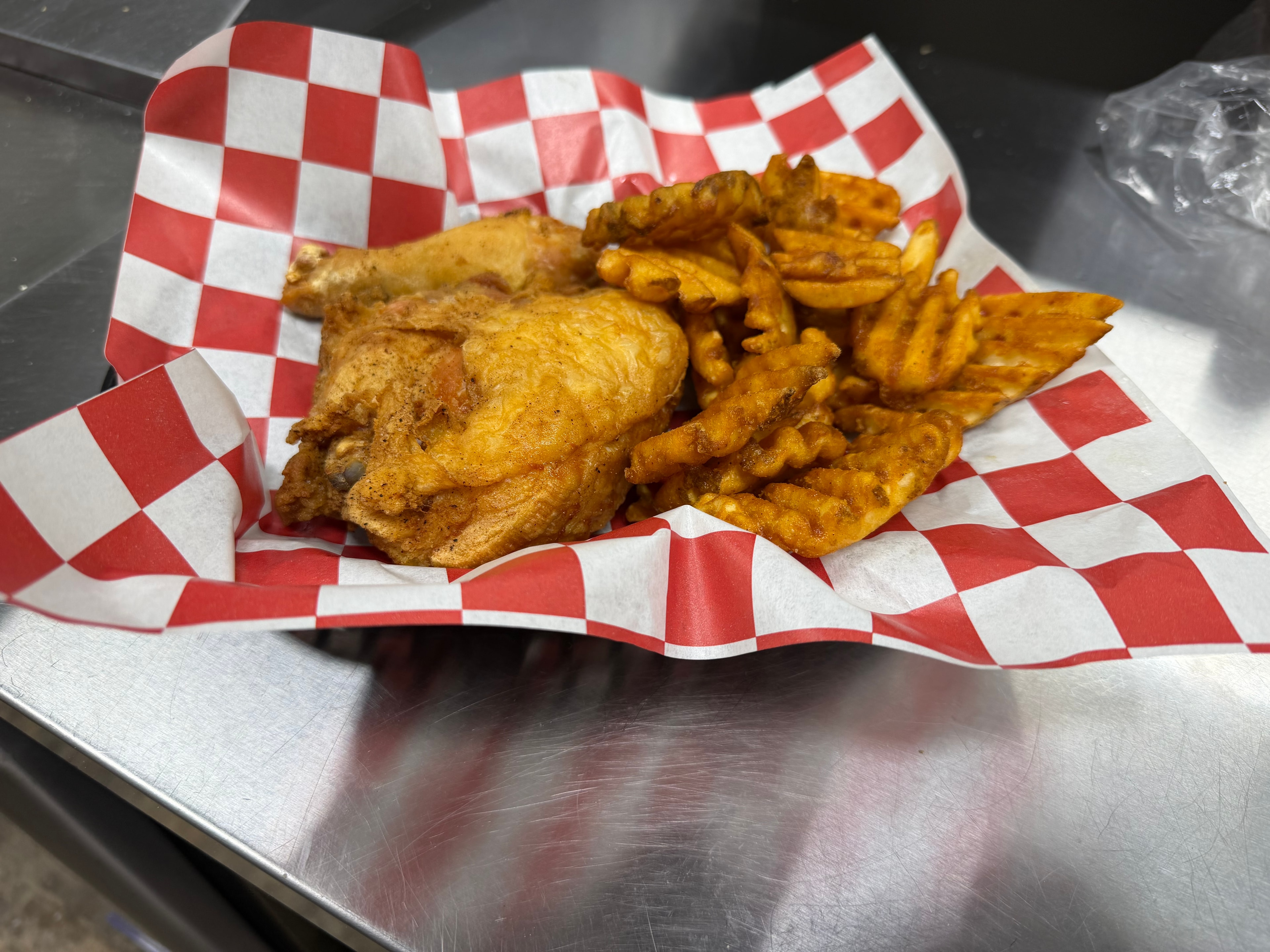 Broasted chicken and waffle fries lunch special